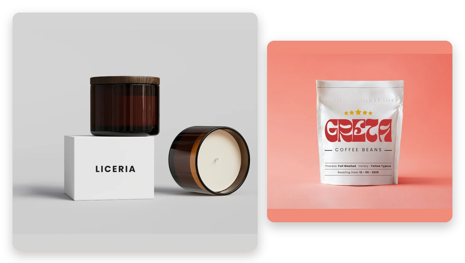 Amber candle jars and coffee packaging mockups